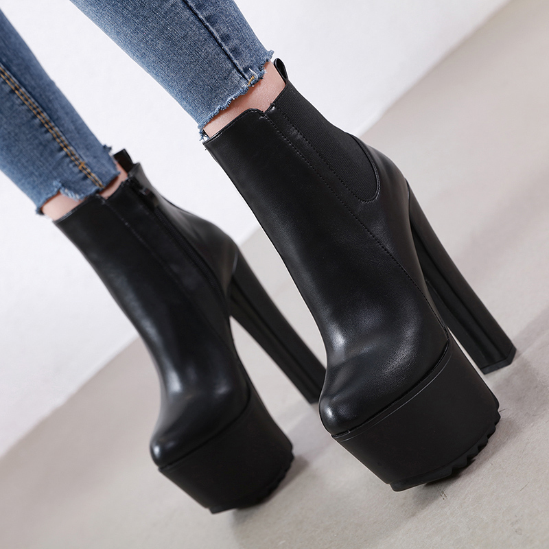 2021 New Women's Versatile High Heel Boots 16CM Stretch Fabric Chunky Heel Platform Boots 34-40