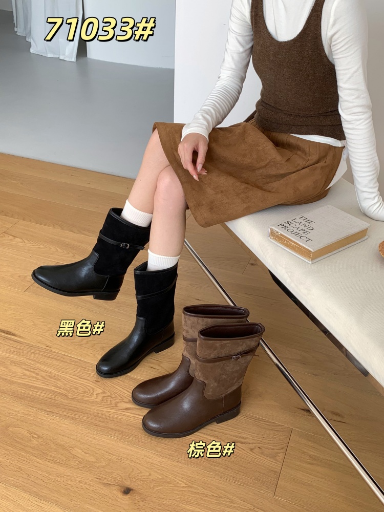 British Style Belt Buckle Martin Boots Women Low Heel Knight Boots Round Toe Mid Calf Short Boots Western Slim Cowboy Boots