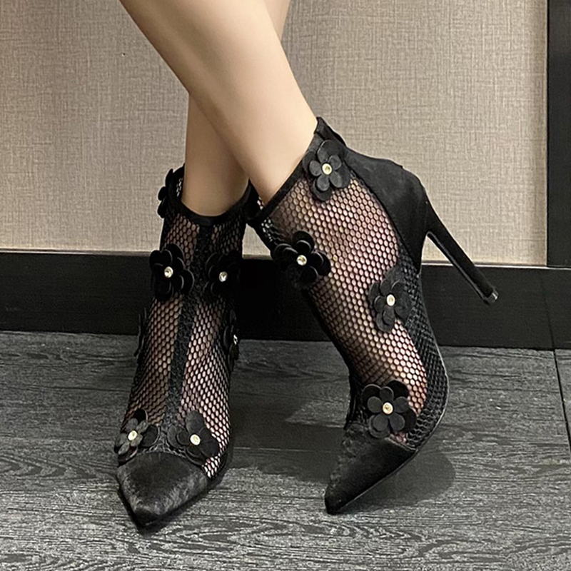 Breathable Mesh Boots Pointed Toe High Heel Sexy Flower Rhinestone Decor Shoes 35-42