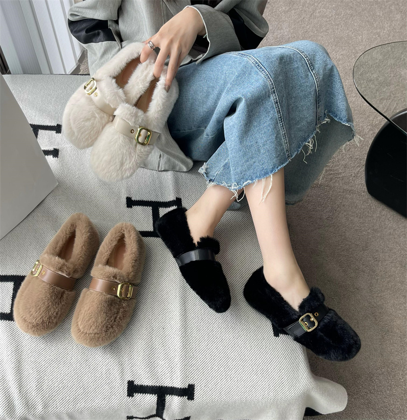 Fengda Women's Flat Mink Fur Loafer Shoes 2025 Winter New Korean Style Casual Slip-On with Buckle
