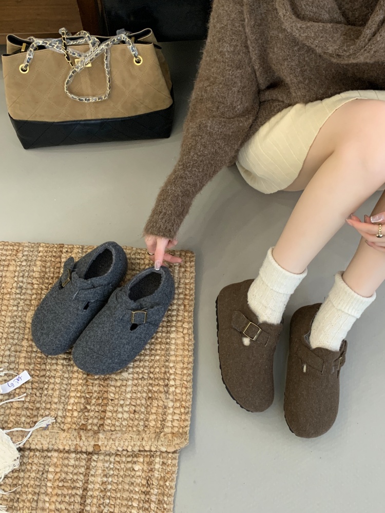 Fengda Women's Fleece-Lined Thick Sole Slip-On Clog Slippers 2025 Winter New Casual Cotton Shoes