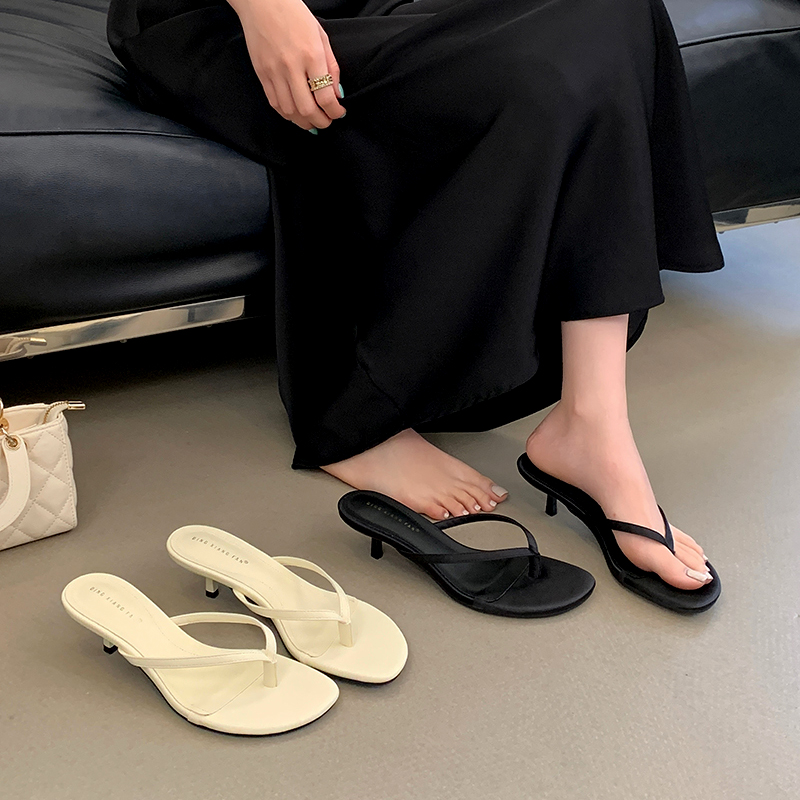 French Casual Slip-On Sandals with Kitten Heel for Women - Classic Black Vanilla Yellow