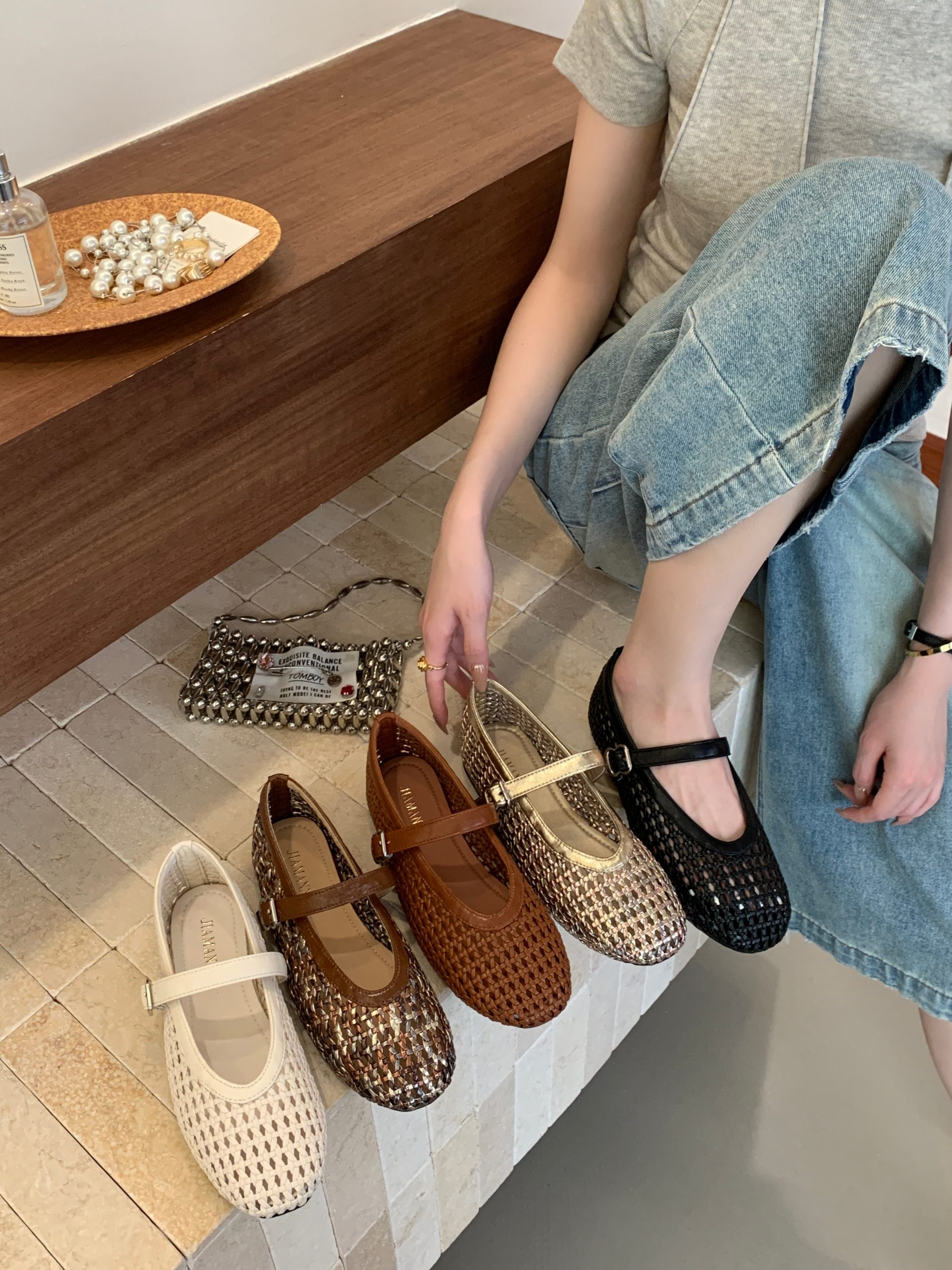 French Woven Hollow Mary Jane Flat Shoes for Women Summer Autumn Low Heel Ballet Shoes