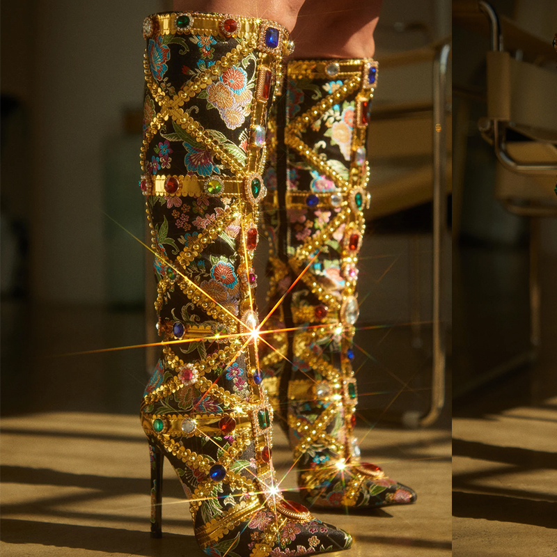 Heavy Craft 2023 New Rhinestone Ethnic Style Pointed Toe High Heel Women's Boots