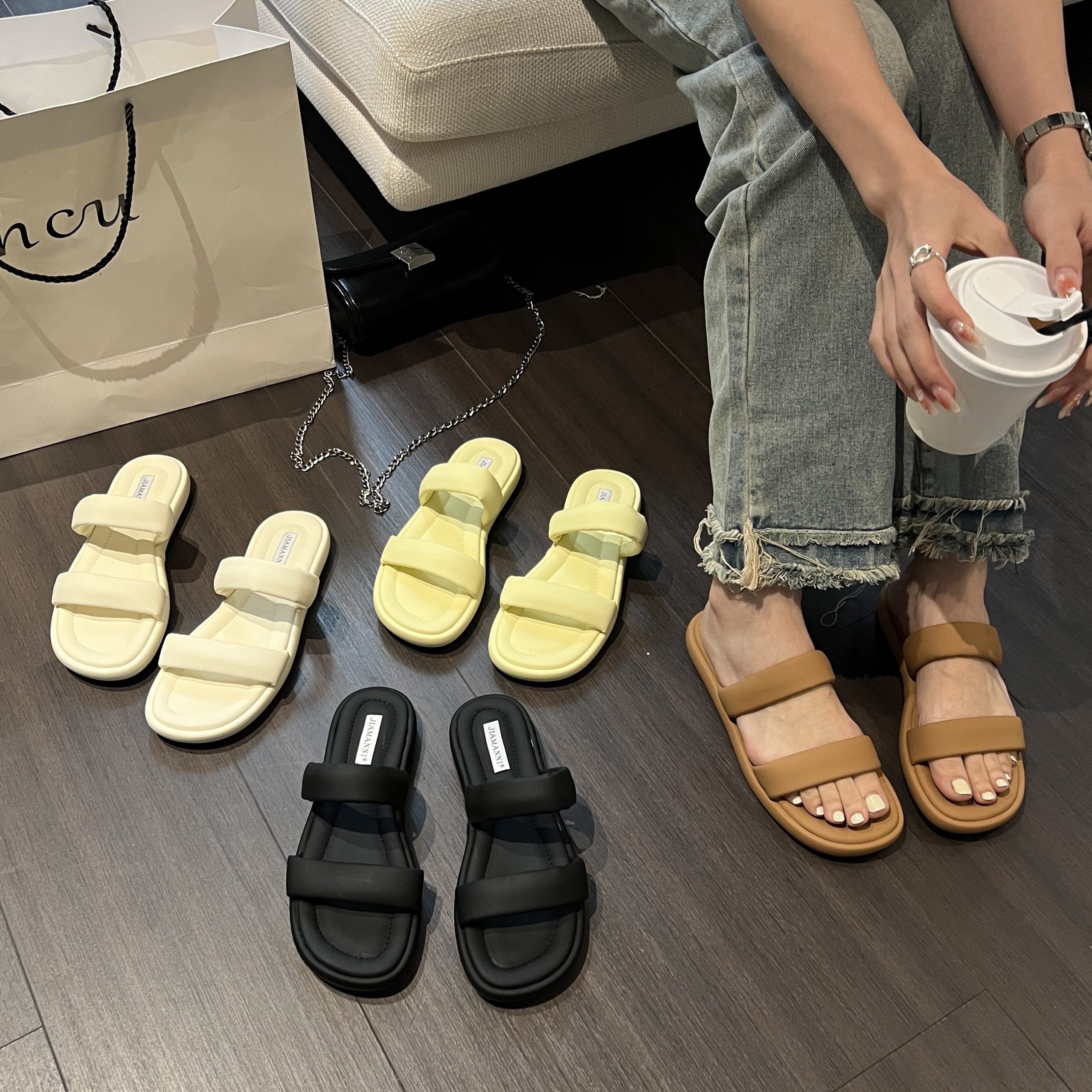 Korean Style Flat Toe Loop Slippers for Women Summer Outdoor Casual Sandals with Dresses