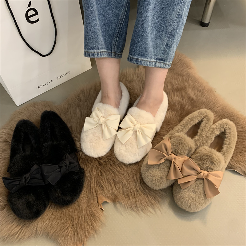 Mink Fur Bow Thick Sole Loafers Women Winter Slip-on Casual Shoes