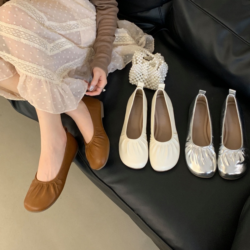 New Style Bean Grandma Shoes Spring Slip-On Flat Shoes Women's Shallow Mouth Soft Leather Soft Sole