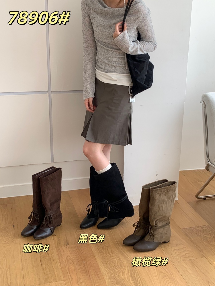 Retro Pointed Toe Lace Up Stacked Boots Women 2026 Autumn New Slim Mid Calf Cowboy Boots Not Over Knee Riding Boots