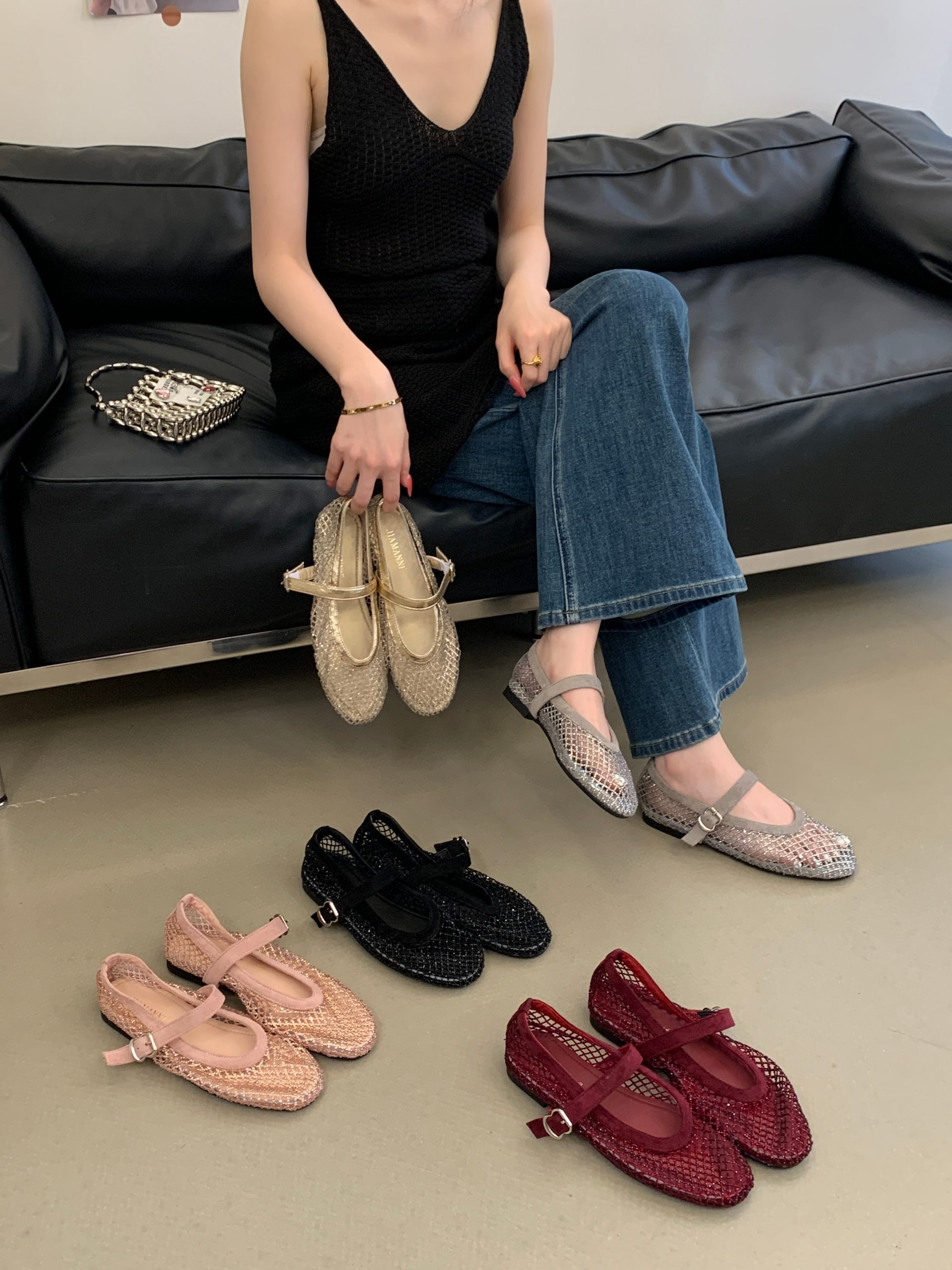 Women's Rhinestone Open Toe Mary Jane Shoes 2026 New Summer Breathable Woven Flat Sandals