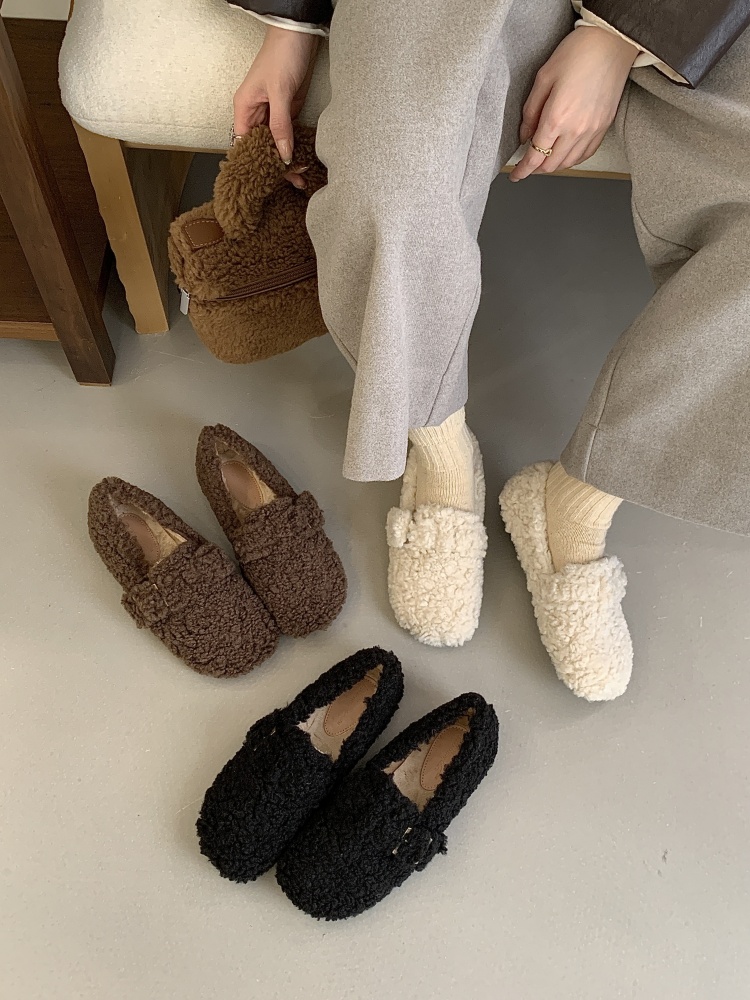 Women's Winter Fleece Lined Sheepskin Boots Slip On Loafers Thick Sole Warm Cotton Shoes