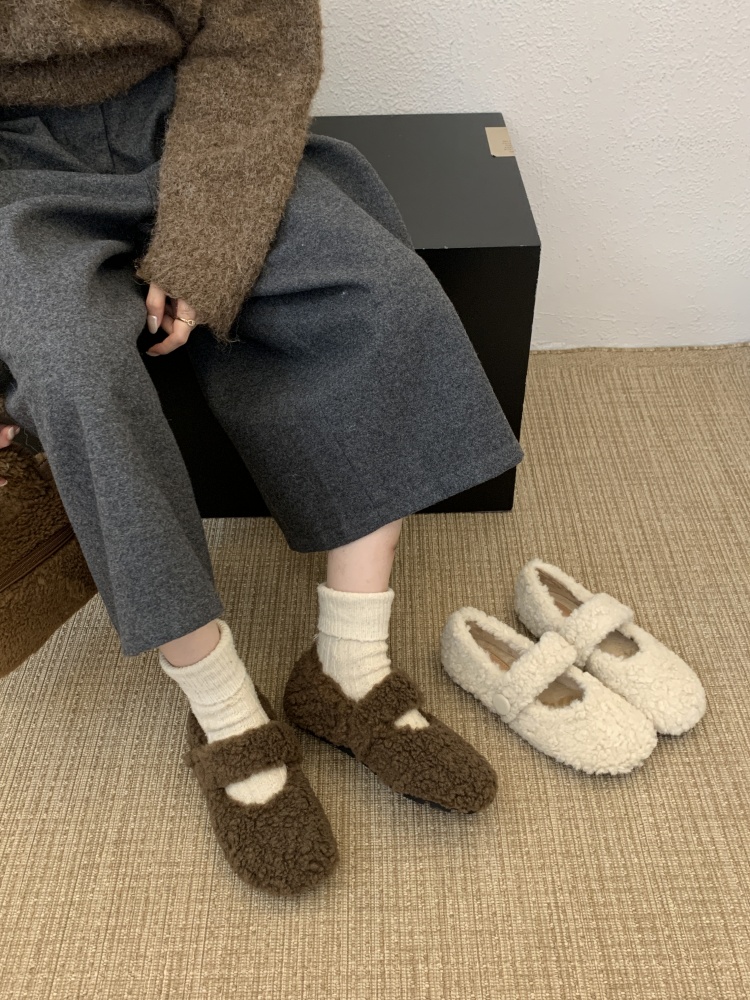 Women's Winter Plush Mary Jane Flat Shoes with Faux Fur Lining